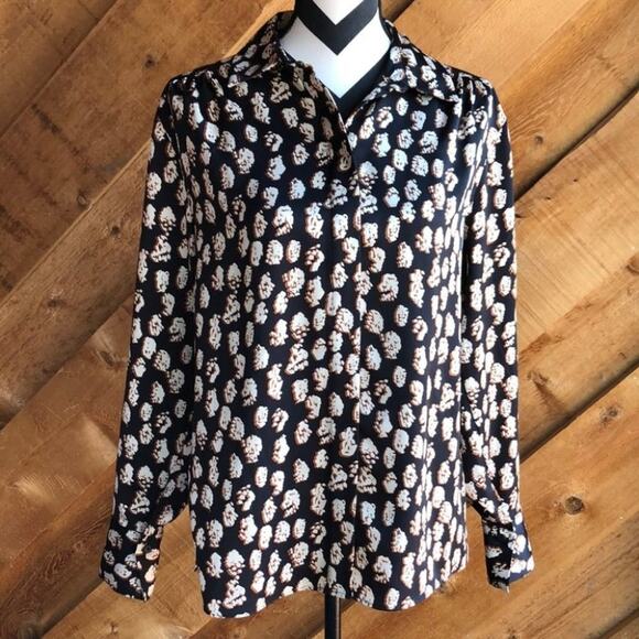 Topshop Long Sleeve Button Down Black Brown Tan Spot Blouse Size 4 - Picture 1 of 9